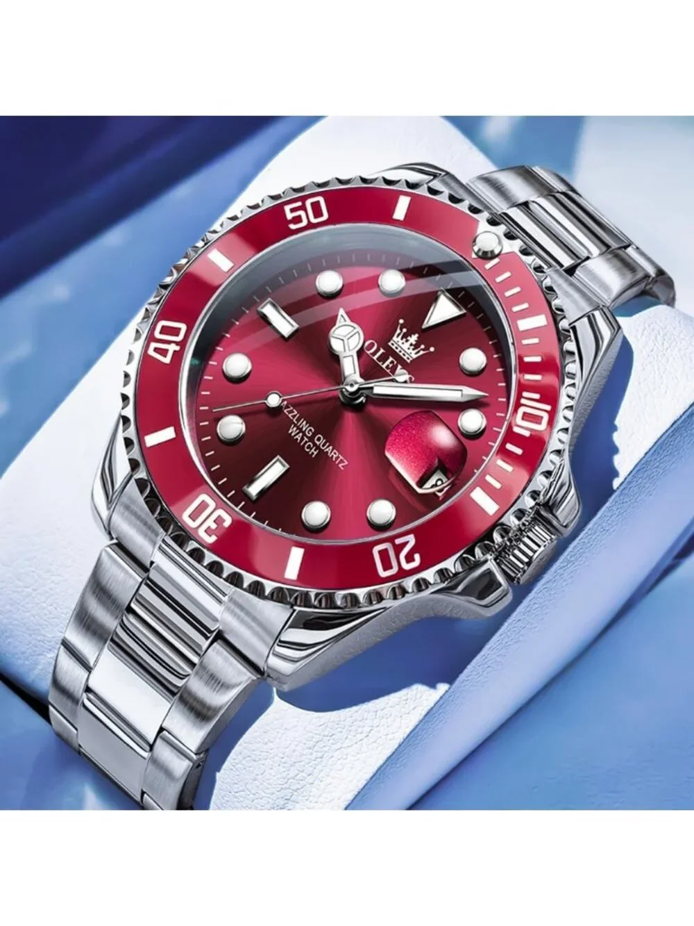 Men's Red Luxury Stainless Steel Waterproof Quartz Big Face Fashion Wrist Watch